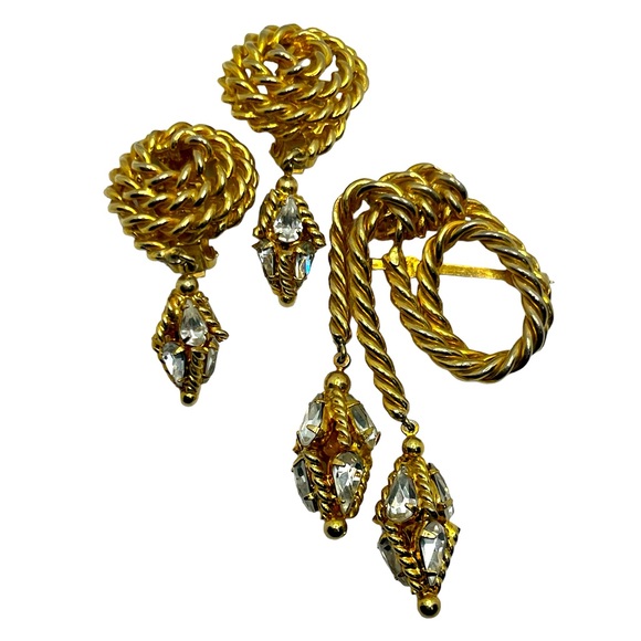 Jewels by Julio gold tone twisted rope rhinestone necklace clip on earrings set